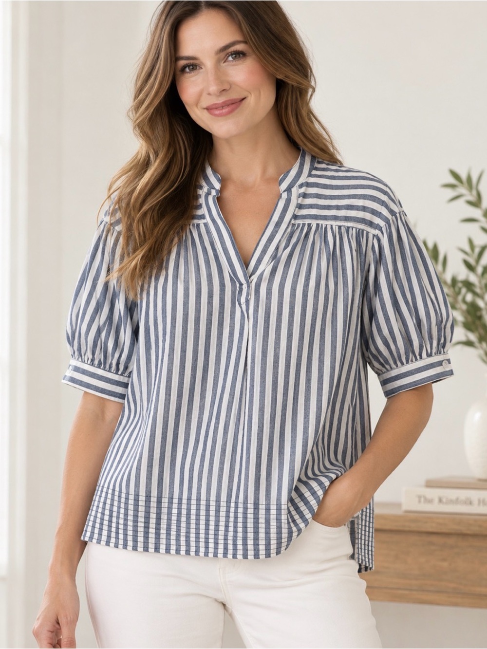 Blue & White Striped Relaxed Popover Blouse | Size M
